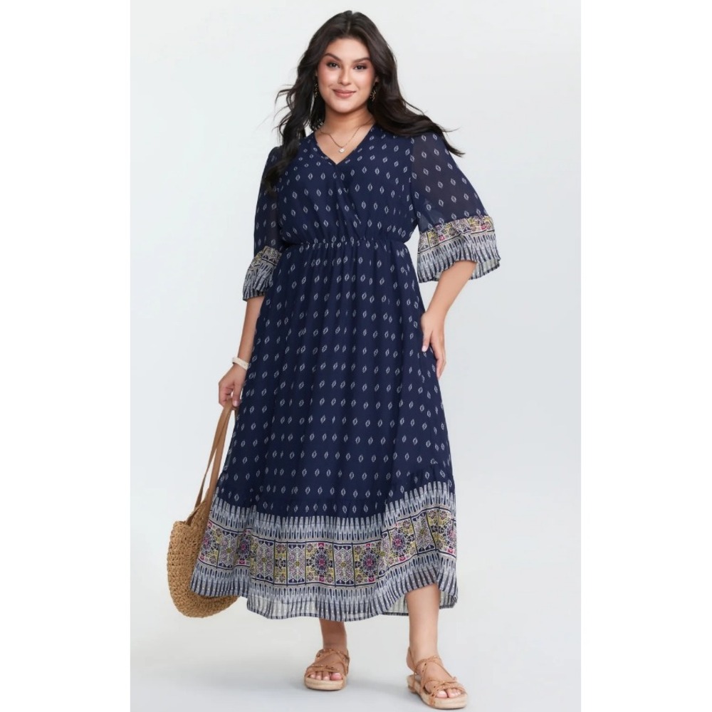 Bloomchic Boho Geometric Print Wrap Maxi Dress Navy Blue Plus Size 1X 14-16